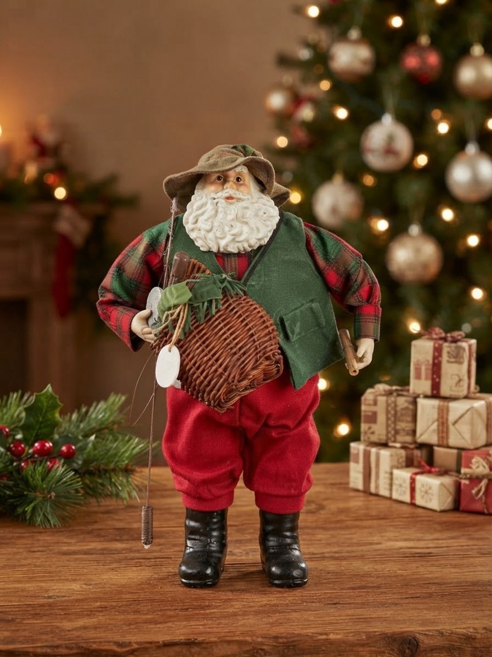 Vintage 80s Outdoorsman Fisherman Santa Claus Figure Rustic Holiday Collectible
